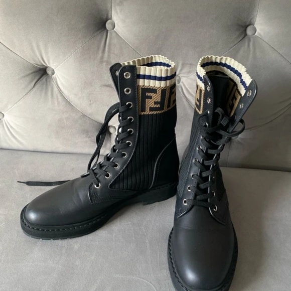 Fendi Shoes - Fendi Black Combat Boots with Logo Cuff